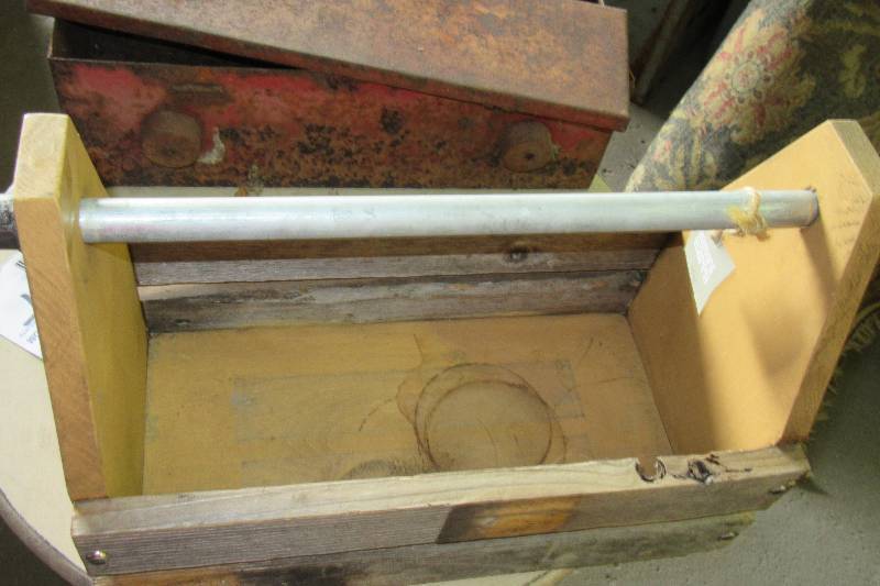 lot 97 image: Hand Made Wood tool box & metal box & milkcan table