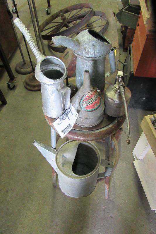 lot 99 image: Galvanized oil measure radiator filler & 2 oil cans