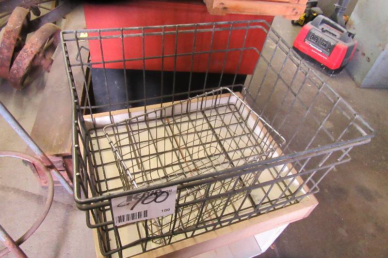 lot 100 image: 2 wire baskets large 24 x 20  24x20.5X21H wood rolling crart