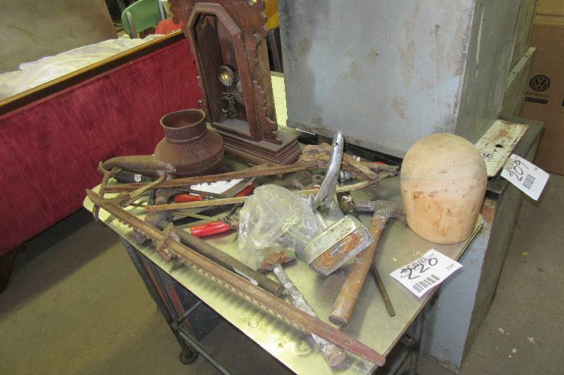 lot 220 image: Misc  vintage tools, clock body & other items