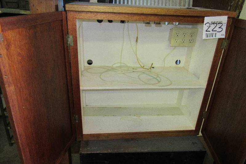 lot 223 image: Wood Wall Cabinet with electrical outlet inside