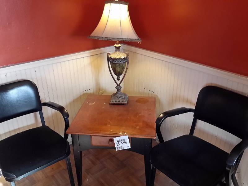 lot 236 image: 2 waiting room chairs, Table and Lamp as picture