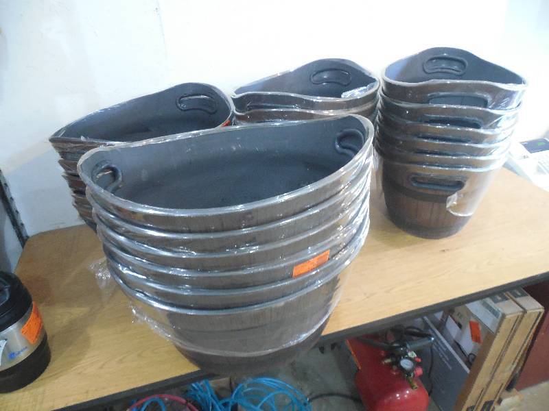 lot 72 image: (23) WHISKEY BARREL BUCKET PLANTER LOT
