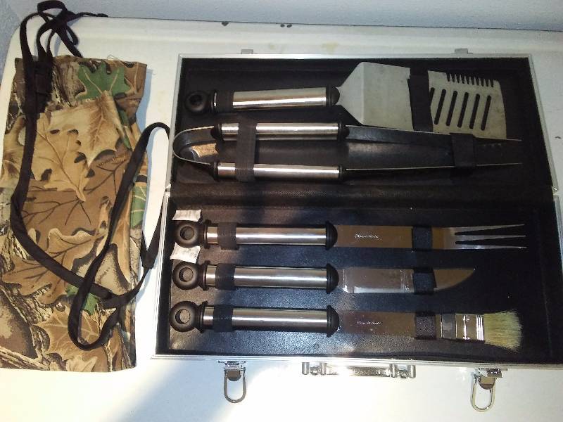 lot 47 image: Heavy Duty BQ set, 5 pc. Tool set with metal case, camo apron