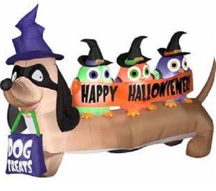 Halloween Airblown Inflatable 6.5 Long Dacshund with Owl Friends Holding Happy Halloween Banner never used MSRP $179