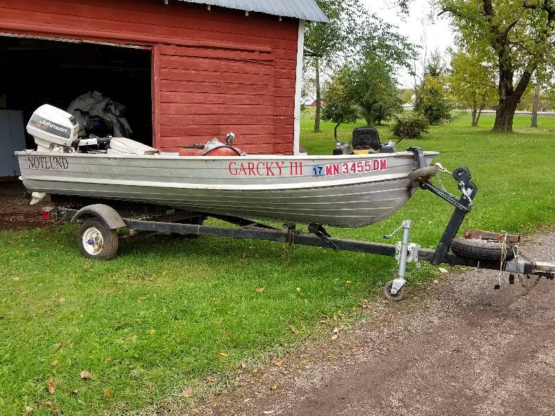 lot 14 image: Seacrest 12FT Aluminum Fishing Boat, 6hp Evinrude Motor, Trailer, & Misc