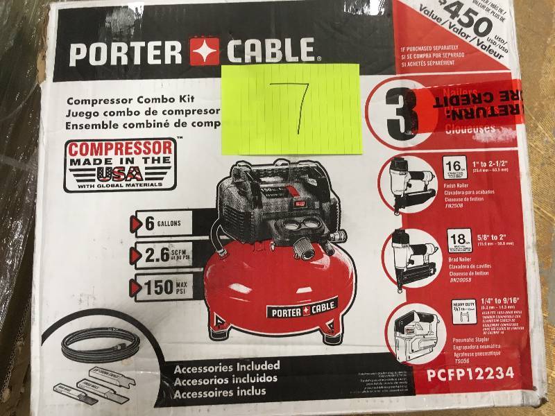 lot 7 image: Porter Cable PCFP12234 Compressor combo kit in like new condition