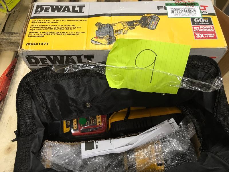 lot 9 image: Dewalt Flexvolt Brushless 60V Grinder kit with kickback  brake