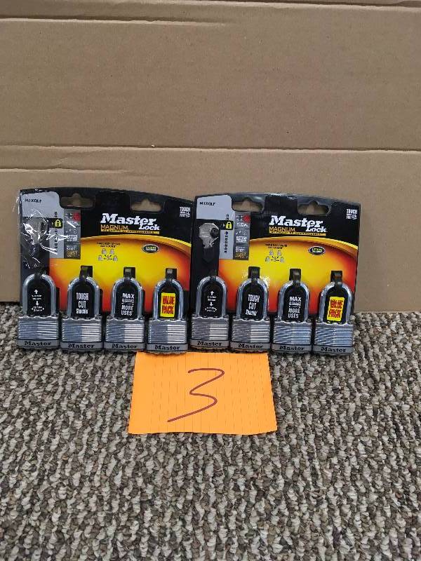 lot 3 image: Master Lock M1XQLFCCSEN 1-34-Inch Wide Magnum Laminated Steel Padlock, 516-Inch Diameter, 1-12-Inch Shackle Clearance, 4-Pack, Master Lock M1XQLFCCSEN 1-34-Inch Wide Magnum Laminated  steel never used total of 8