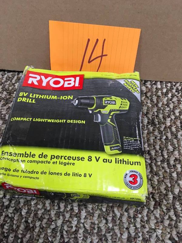 lot 14 image: Ryobi 8-volt Lithium-ion Drill Kit Ergonomically Designed Handle Home never used in open box