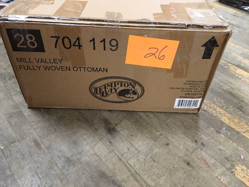 lot 26 image: Mill Valley Fully Woven Patio Ottoman with Inset Cushion never used in box