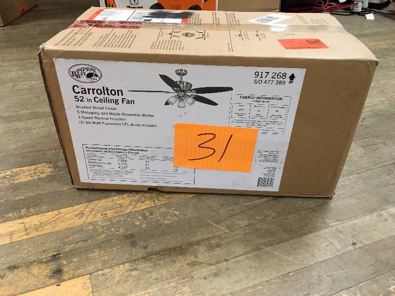 lot 31 image: Hampton Bay YG288A-BN Carrolton 52 Ceiling Fan - Brushed Nickel never used in box