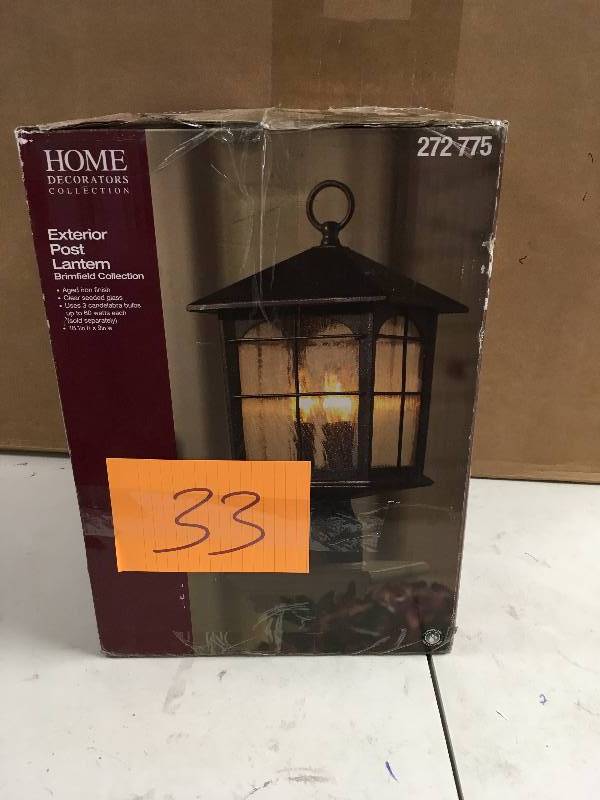 lot 33 image: Brimfield 3-Light Outdoor Aged Iron Post Light never used in box