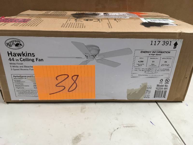 lot 38 image: Hampton Bay Hawkins 44 Ceiling Fan never used in box