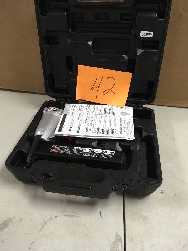 lot 42 image: Porter Cable Air Finishing Stapler with Rear Exhaust, Pressure Range 70 to 120 psi, Gray Model NS150C never used in box MSRP $120