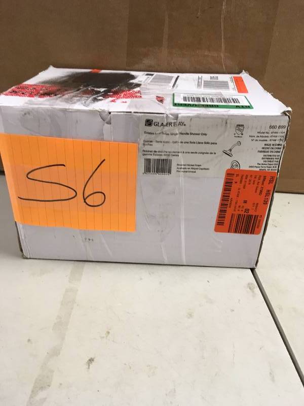 lot 56 image: Glacier Bay Estates Watersense 1-Handle Shower Faucet in Brushed Nickel never used in box MSRP $115
