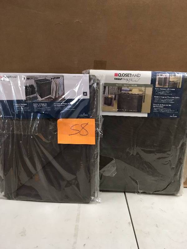 lot 58 image: ClosetMaid Fabric Hamper with Frame - Nickel Closetmaid shelf track nicke total of 2