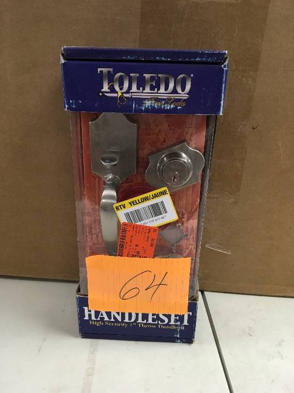lot 64 image: Crdoba Entrance Handleset ToledoFineLocks Finish Satin Nickel never used in box MSRP $150