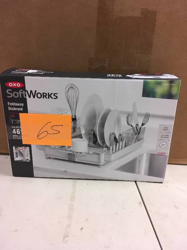 lot 65 image: Oxo Softworks Foldaway Dishrack With Spout, Legs, Tines & Compact never used in box