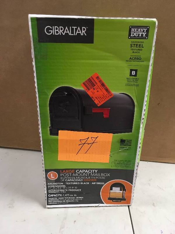 lot 77 image: Gibraltar Arlington Large Capacity Galvanized Steel Textured Black, Post-Mount Mailbox, AR15B000 never used in box