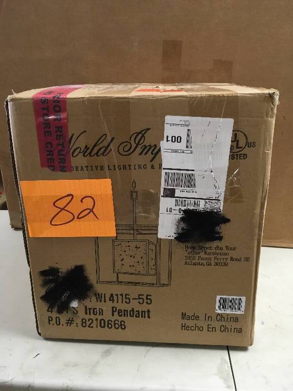 lot 82 image: World Imports Hilden Collection 4-Light Aged Bronze Hanging Pendant never used in box