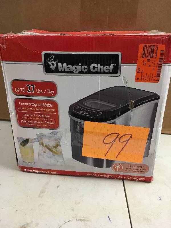 lot 99 image: Magic Chef 27 Lb. Portable Countertop Ice Maker In Stainless Steel never used in box MSRP $170