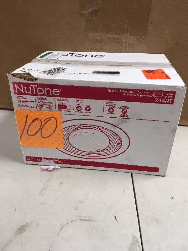 lot 100 image: NuTone 744NT 70 CFM 1.5 Sone Ceiling Mounted HVI Certified Bath Fan with Light White Fans Exhaust Fan Combination never used in box MSRP $100