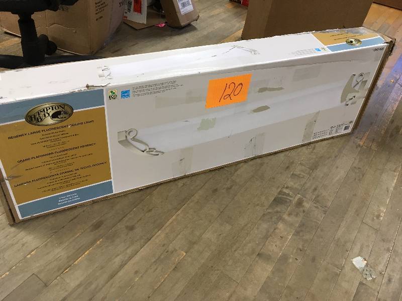 lot 120 image: hampton bay regency 4-light flush-mount brushed nickel fluorescent light never used in box