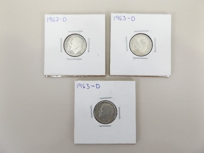 1962-D, and 2 - 1963-D Roosevelt Dimes
