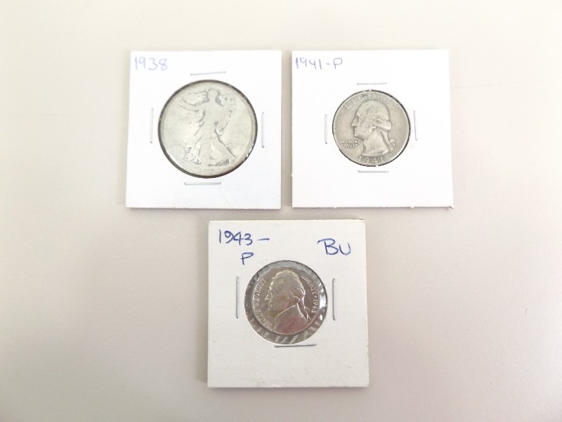 1938 Walking Liberty Half Dollar, 1941-P Washington Quarter, and a 1943-P BU Jefferson Nickel