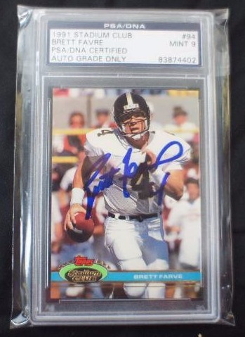 BRETT FAVRE - PSA SLABBED  AUTOGRAPHED -  1991 STADIUM CLUB ROOKIE - AUTO - AUTHENTICATED BY PSA  - PSA 9 GRADED RARE ROOKIE AUTO
