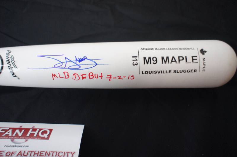 MIGUEL SANO - FULL SIZE M9 WHITE MAPLE BAT AUTOGRAPHED AND - INSCRIBED  MLB DEBUT 7-2-15 -  COA FROM FAN HQ # (195942)   OBTAINED AT  FAN HQ 