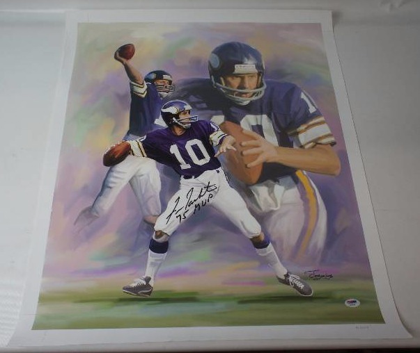 FRAN TARKENTON  AUTOGRAPHED 24 X 28 - LITHO  PRINT  - INSCRIBED 75 MVP -  PSA AUTHENTICATED # (AB26263)  - OBTAINED AT  MN VIKINGS EVENT 2015
