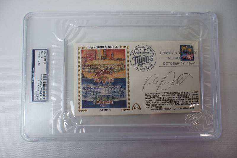 KIRBY PUCKETT AUTOGRAPHED - 1987 WORLD SERIES CACHET  -  PSA AUTHENTICATED AND GRADED PSA 9  # (83964710)  - OBTAINED AT  CHICAGO NATIONAL SPORTS CARD SHOW