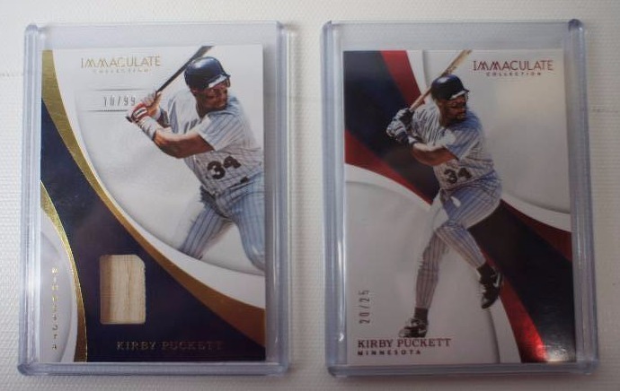 KIRBY PUCKETT 2017 PANINI IMMACULATE COLLECTION BASEBALL GAME USED BAT CARD SERIAL NUMBERED #(1099) AND  2017 PANINI IMMACULATE COLLECTION KIRBY PUCKETT RED PARALLEL CARD SERIAL NUMBERED #( 2025) MADE RARE CARDS