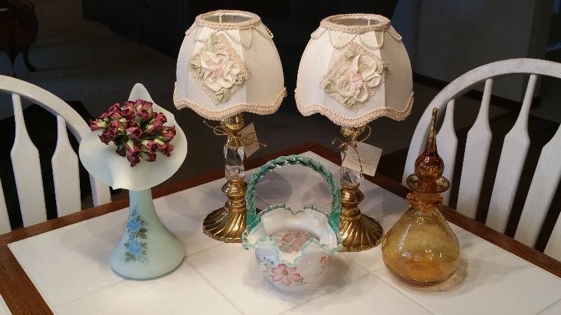 lot 39 image: Fenton Burmese, Art Glass Basket, Crackle Glass, and Candle Lamps