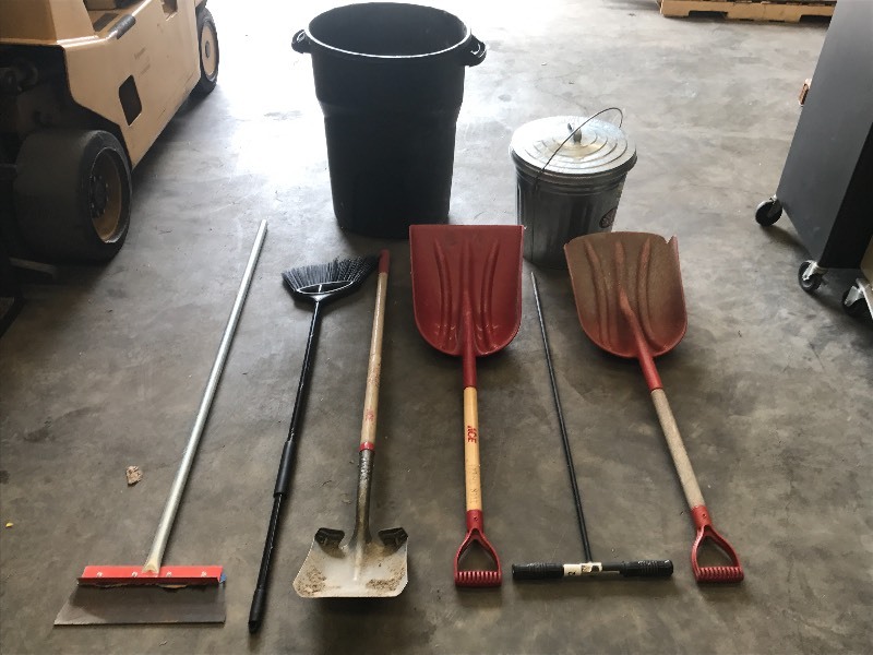 lot 142 image: Garbage Pales, Scoop Shovels, Assorted Hand Tools