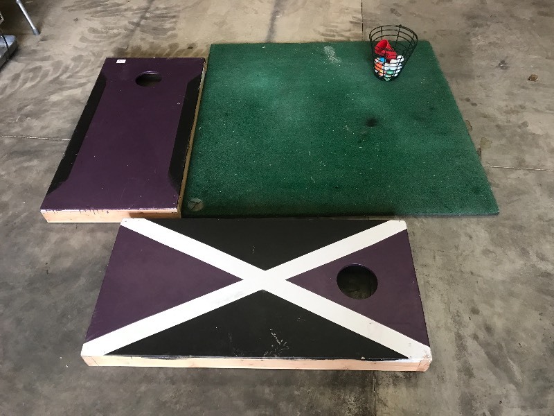 lot 162 image: Golfing Pad, Golf Balls, Corn Hole Boards