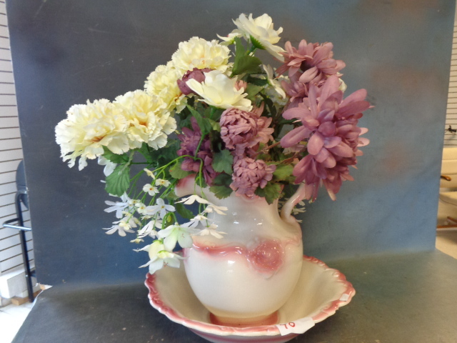 lot 40 image: Ceramic Pitcher and Washbowl with plastic flowers