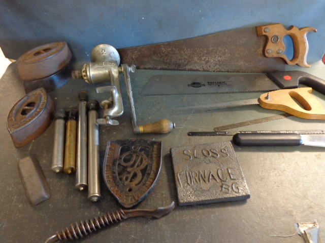 lot 77 image: Saws, Irons, Meat Grinder and More