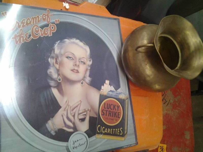 lot 2 image: Lucky Strikes Cigarettes Tin Sign 14x15, Brass Spittoon