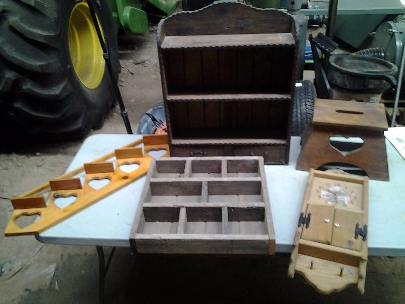 lot 18 image: Barnwood Shadow Box 20x20, Wood Wall Shelves, Clock, Stool