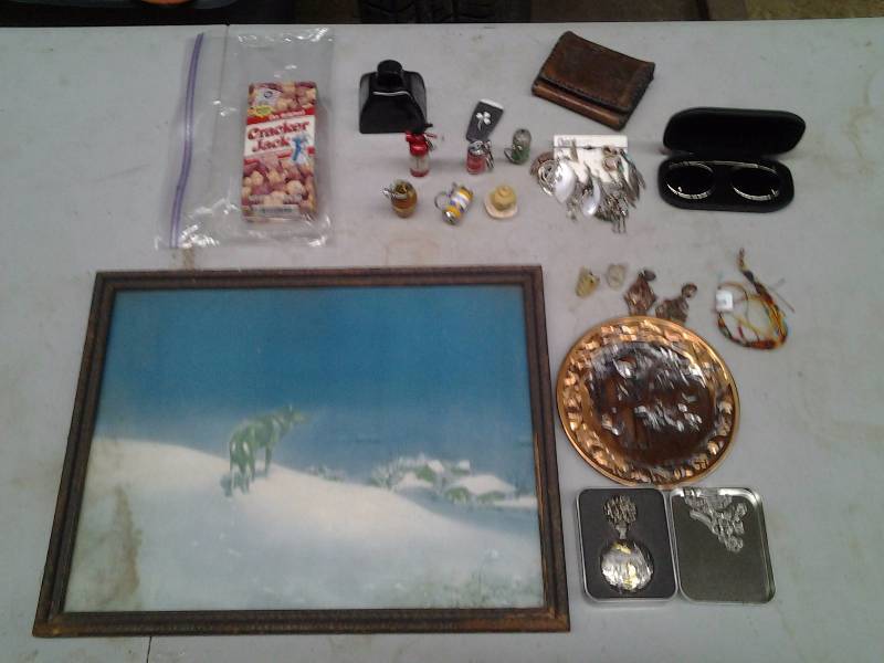 lot 24 image: Vintage Lone Wolf Picture (has damage), Other Collectibles (pocket watch, key fobs, jewelry)