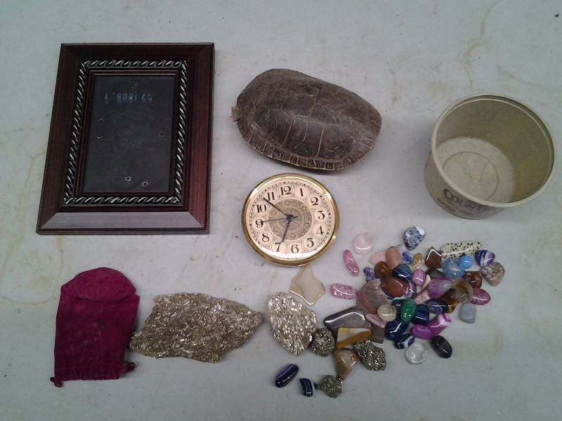 lot 31 image: Real Turtle Shell, Assorted Polished Rocks, Clock Part, Frame