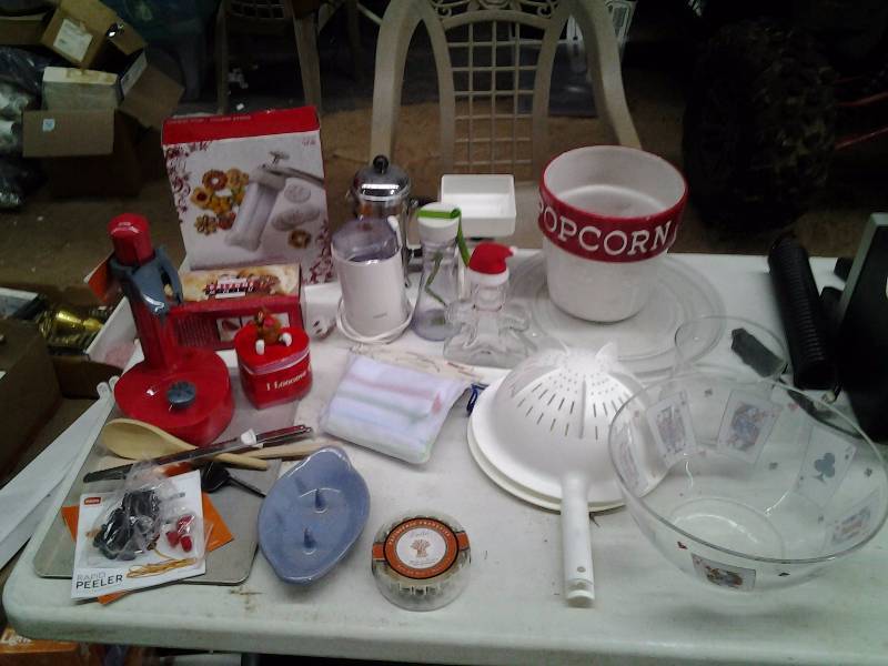 lot 38 image: Lot Of Kitchen Wares (Rapid Peeler, Cookie Press, Calzone Molds, Coffee Grinder, Scale, More)