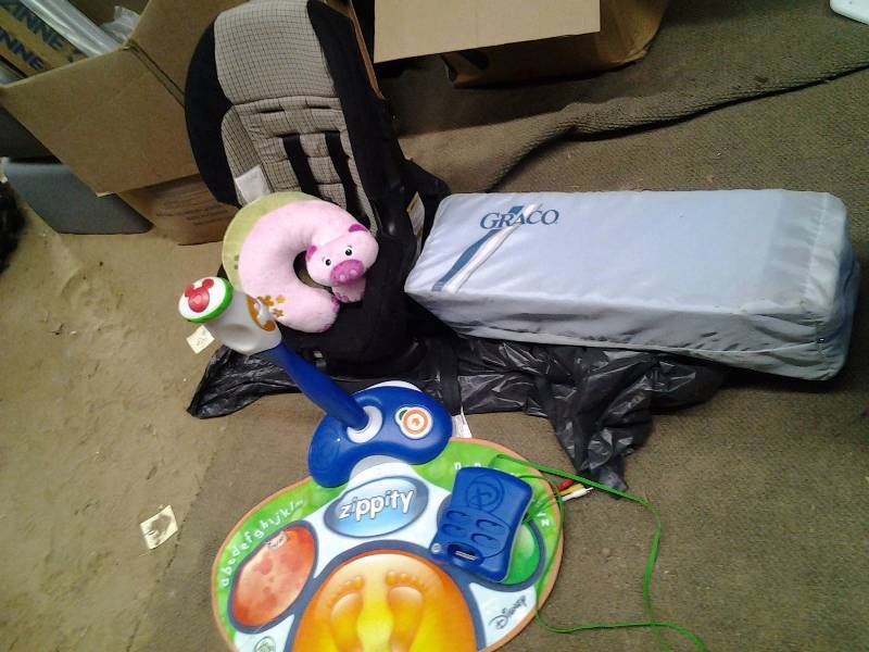 lot 44 image: PackNPlay, Car Seat, Leap Frog Activity Pad, Fisher Price Interactive Blocks, Kids Travel Neck Pillows