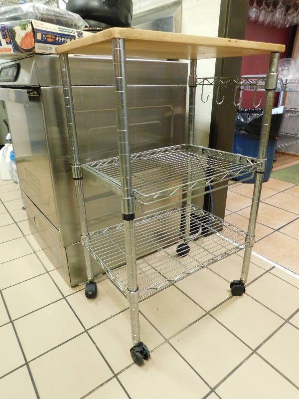 WIRE RACK CART WITH WOOD TOP