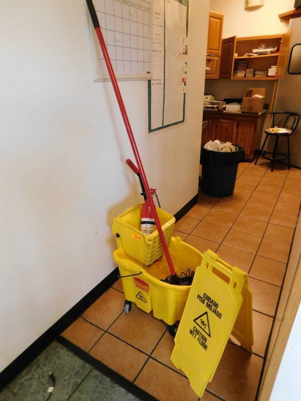 MOP, BUCKET AND WET FLOOR SIGN