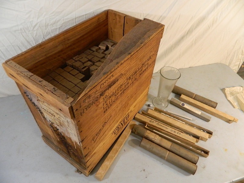 lot 31 image: Old Wood Shipping Crate FULL of Vintage Glass Hydrometers