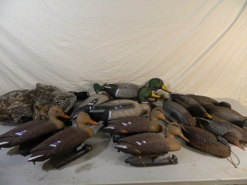 lot 59 image: 13 Assorted Duck Decoys with Mesh Camo Bag